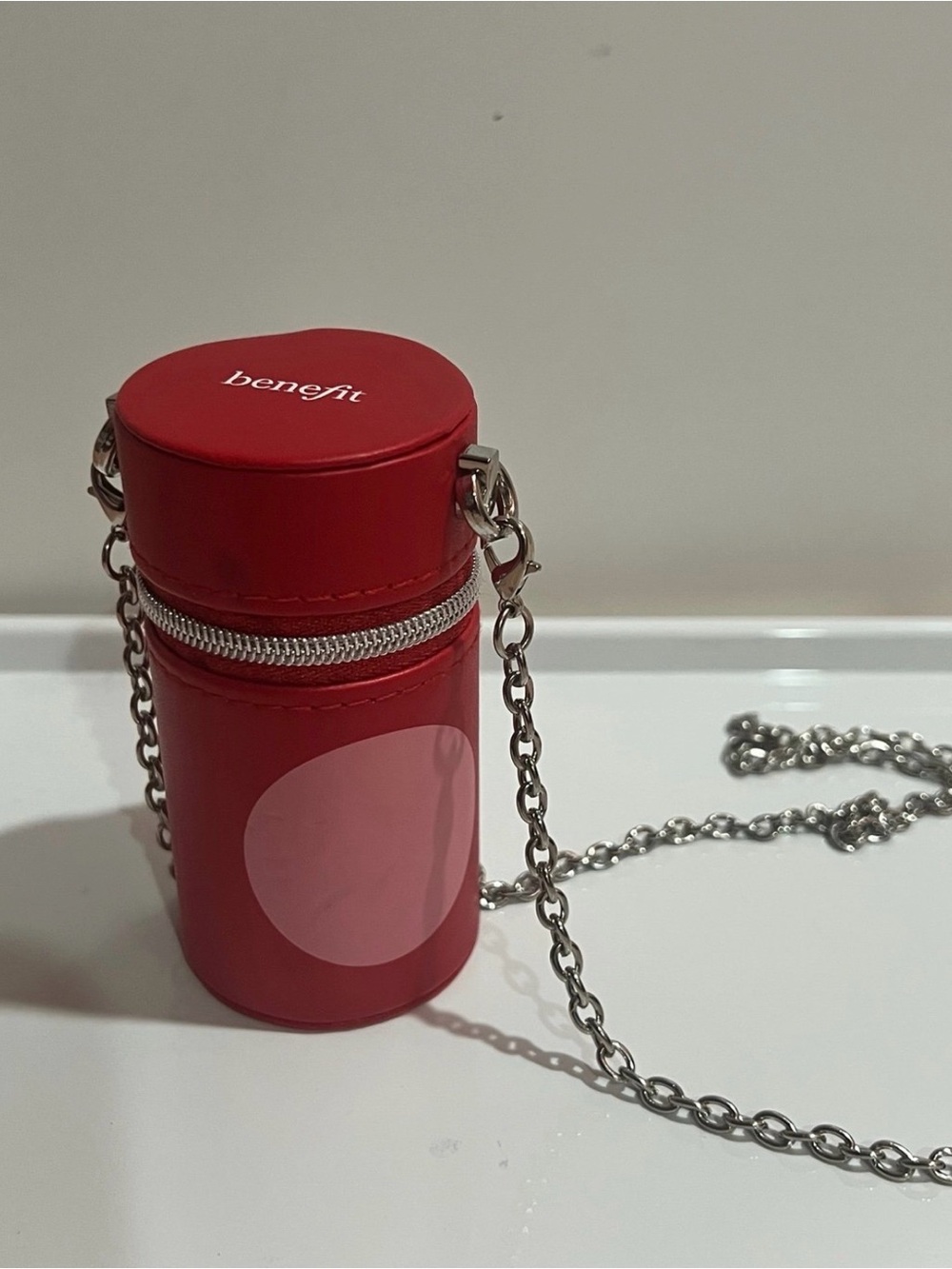 Benefit Red Mini Cylinder Bag with Silver Chain